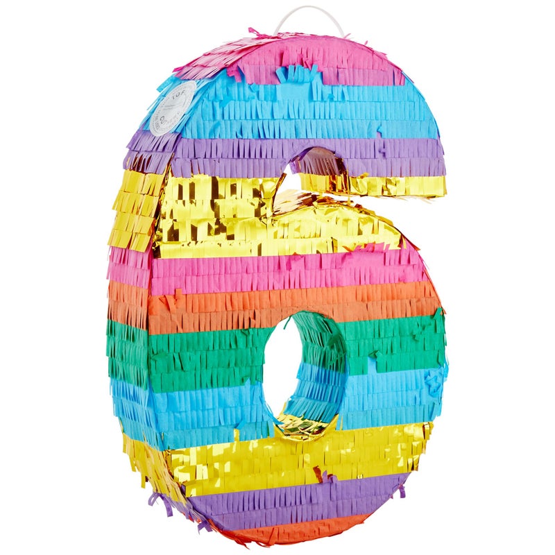 BLUE PANDA Rainbow Number 6 Pinata - Sturdy Corrugated Build & Easy Hang for Fiesta Party - Candy Filled 6th Birthday Party Surprise - Vibrant Tie-Dye Items for Kids - Small (16.5x11x3 In), Blue/White - Image 1